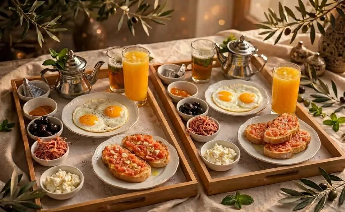 Desayuno español con pan con tomate y huevos