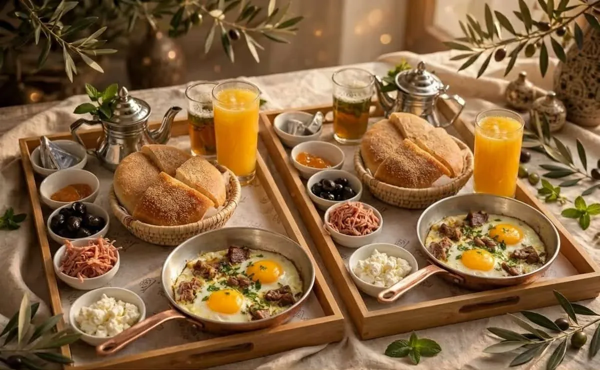 Desayuno fassi con huevos a la sartén y pan de sémola