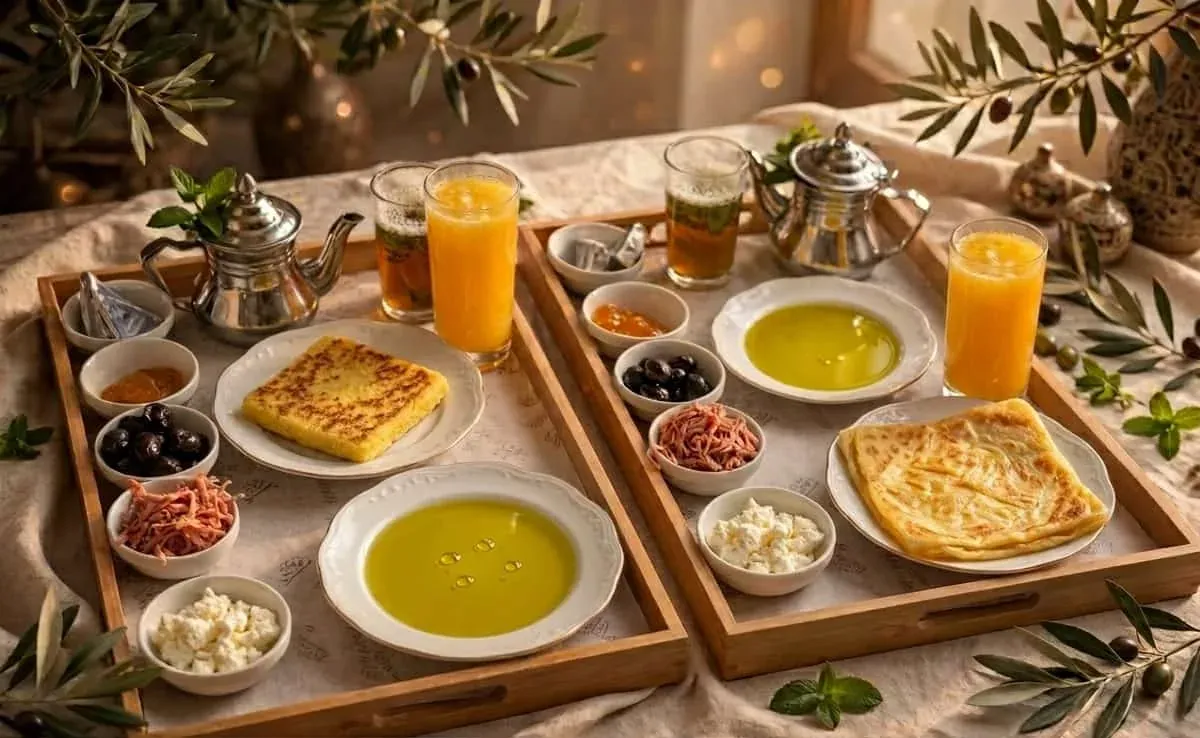 Desayuno marroquí con msemen, harcha y aceite de oliva