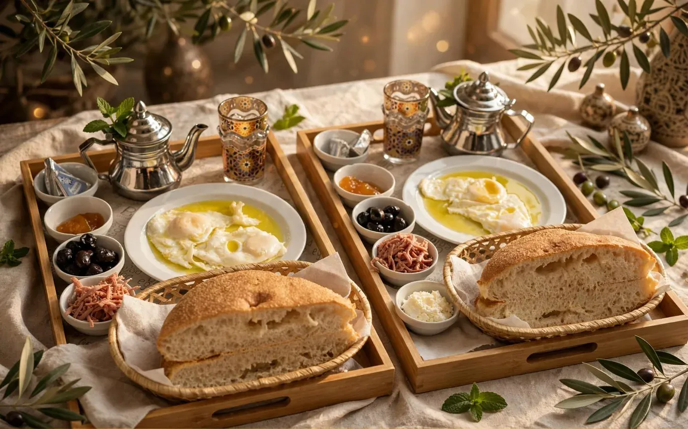 Desayuno marroquí con huevos, aceite de oliva y pan khobz