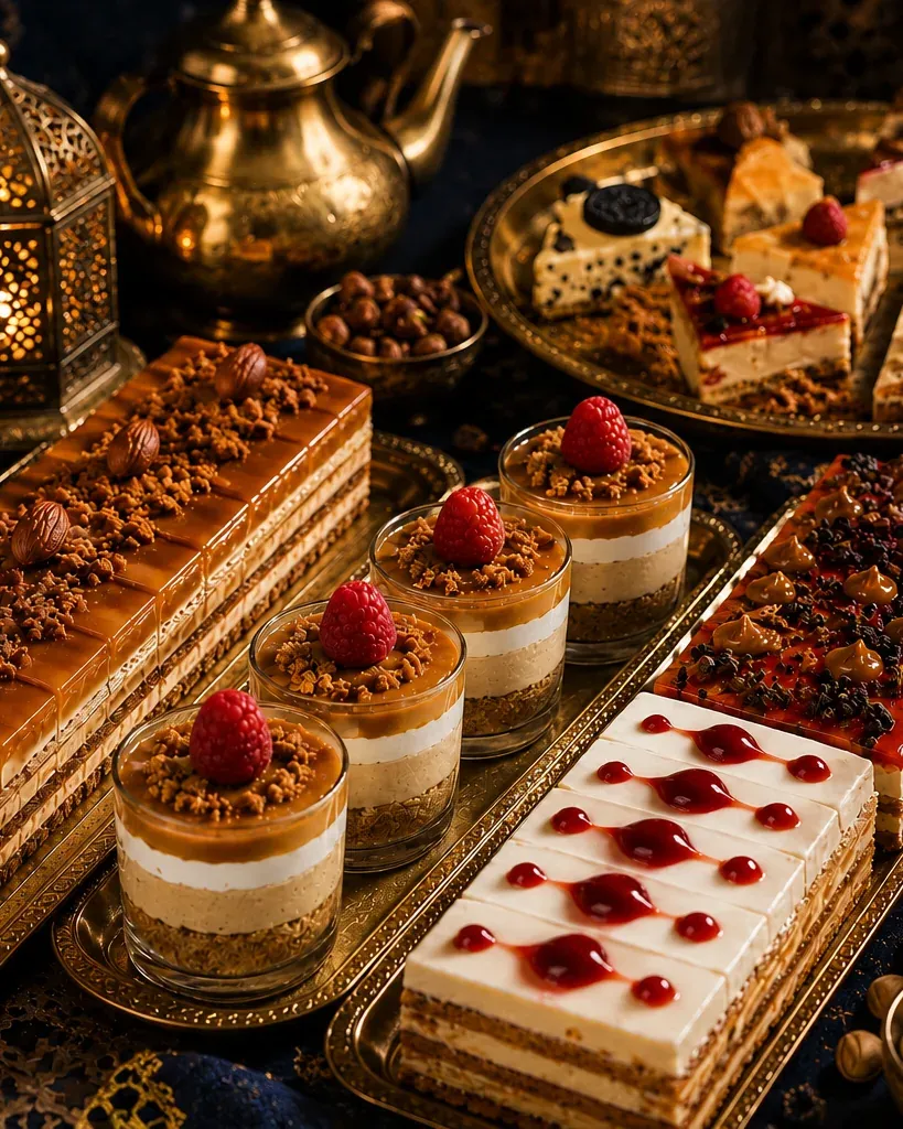 Surtido de tartas y dulces artesanales de Pastelería Tanger sobre bandejas doradas