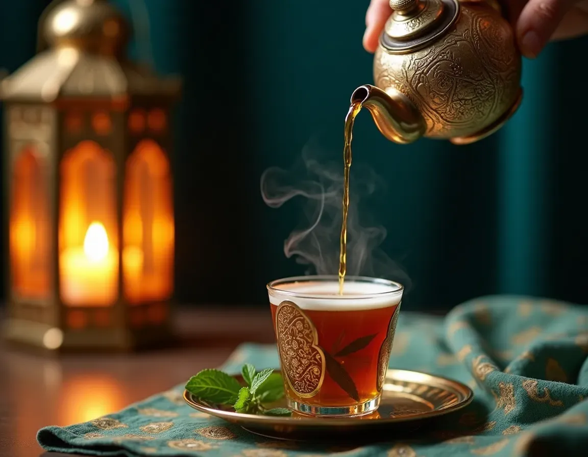 Té marroquí con hierbabuena servido desde una tetera de latón en un vaso decorado